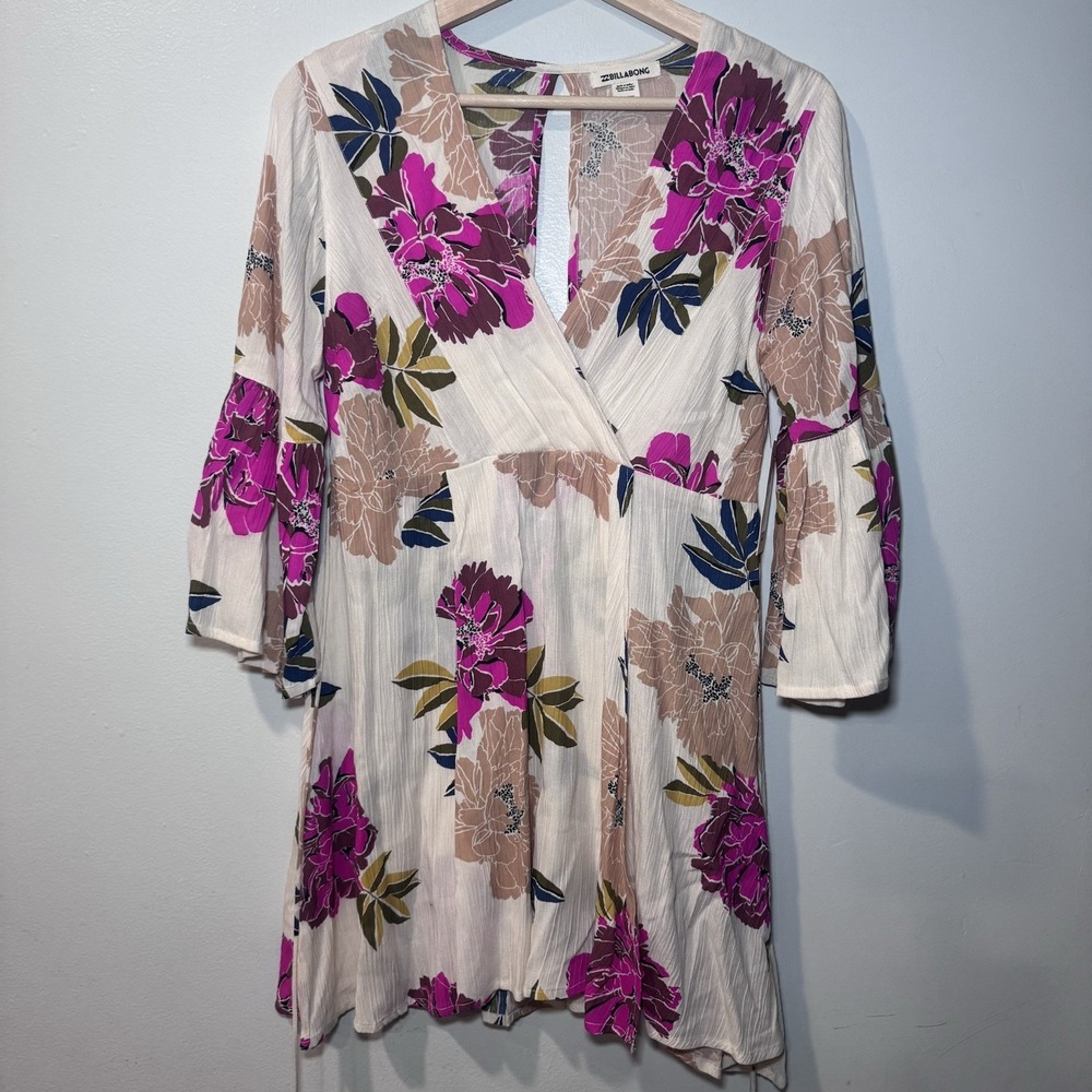 Billabong Mini Pink Floral Flowy BoHo Dress Size‎ XS  Colorful  Bell Sleeve NWT